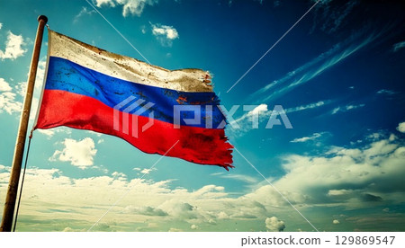 An old, torn and decayed Russian flag. 129869547