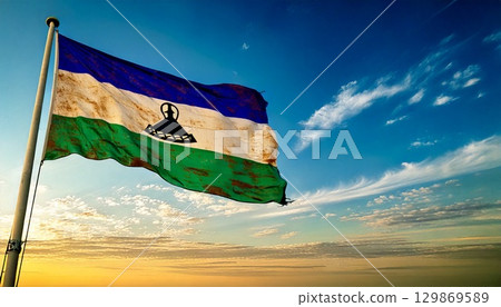 An old, torn and decayed flag of Lesotho. 129869589