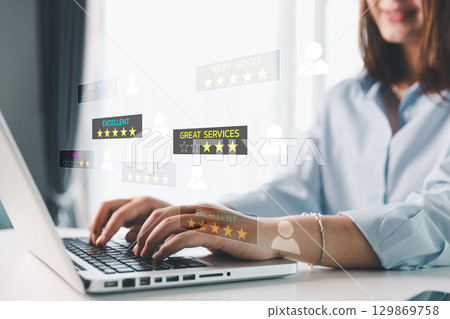Customer service evaluation concept. Client feedback from marketing survey excellent service and quality satisfaction, customers can evaluate quality of service leading to business reputation rating. 129869758
