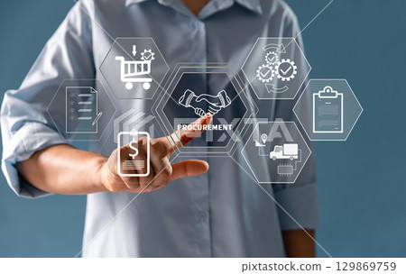 Concept of procurement, supply chain management, represented by related logistics, inventory icons is essential for ensuring efficient business operations. efficient flow, storage of goods, services. Concept of procurement, supply chain management, represented by related logistics, inventory icons is essential for ensuring efficient business operations. efficient flow, storage of goods, services. 129869759