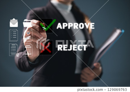 Digital interface designed for business automation, concept of document review is visualized by finger pressing green check mark icon, symbolizing approval or rejection ideal decision making workflow 129869763