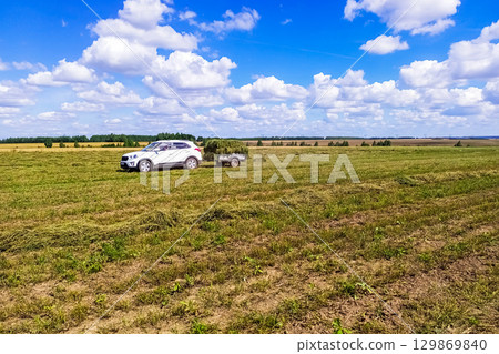 Landscape of haymaking field with wide flat horizon that goes away with perspective to tree plantings and bright blue sky with fluffy scattered clouds. White SUV with trailer takes out compressed hay Landscape of haymaking field with wide flat horizon that goes away with perspective to tree plantings and bright blue sky with fluffy scattered clouds. White SUV with trailer takes out compressed hay 129869840