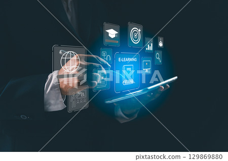 E-learning is modern concept of online education uses internet technology to support virtual studying, personal development, business training through interactive screens, online Courses e-learning. 129869880