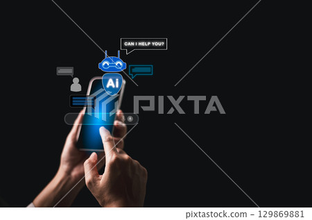 Businesswoman using smartphone symbolizes smart concept of AI-powered chatbots, providing automated customer support, communication, digital mobile platforms, artificial intelligence-driven services. 129869881