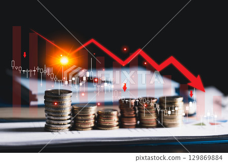 Global economic crisis, marked by rising inflation, financial downturn, stock market crash, falling graphs, charts, inflation concept and economic recession by higher interest rates in world economy. 129869884