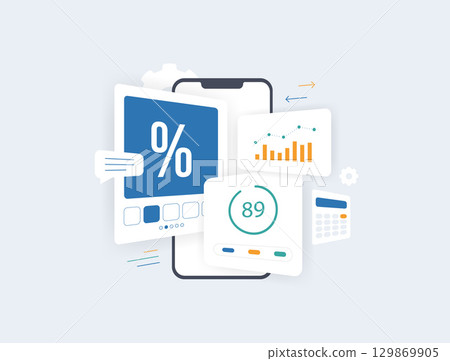 Ecommerce discount analysis with charts and performance metrics. Successful discount strategy for marketplace marketing companies, measuring sales growth and digital business outcomes illustration 129869905