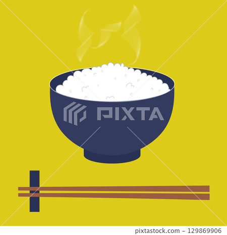剛煮好的米飯、熱騰騰的碗和筷子的插圖 129869906