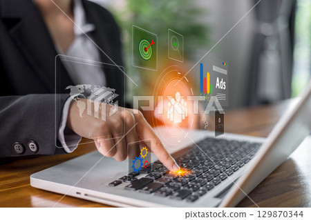 Digital marketing strategies, powered by AI, data, combine SEO, social media ads, creative tools to boost engagement, target customers effectively, online promotion, advertising e-commerce success. 129870344