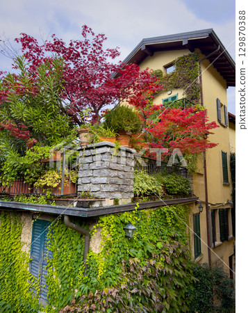 Charming house with ivy and vibrant red foliage in a peaceful setting 129870388