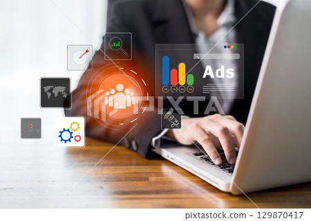 Digital marketing strategies, powered by AI, data, combine SEO, social media ads, creative tools to boost engagement, target customers effectively, online promotion, advertising e-commerce success. 129870417
