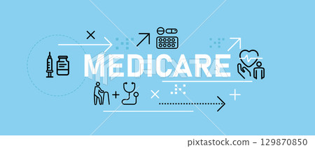 Medicare banner graphic illustration icons representing healthcare elderly care and medical treatment health insurance senior care services or medical support programs 129870850