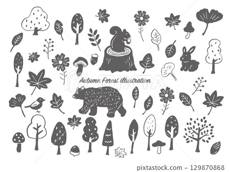 秋天的森林手繪插圖集（單色） 129870868