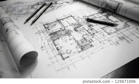Technical construction blueprint in black and white lines. plan for building architecture and engineering design. Technical construction blueprint in black and white lines. plan for building architecture and engineering design. 129871006