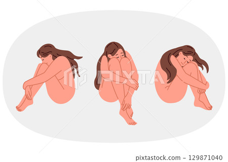 Depression in girl sitting without clothes and experiencing stress caused by breaking with boyfrien 129871040