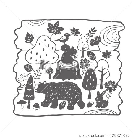Autumn forest hand-drawn illustration (monochrome, with background) Autumn forest hand-drawn illustration (monochrome, with background) 129871052
