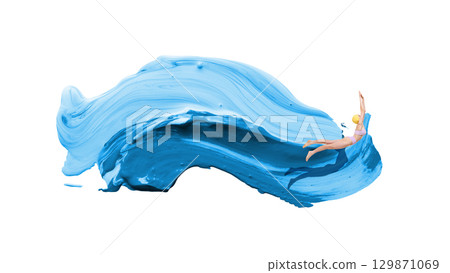 Bright poster. Female diver jumping into wave shaped as blue stroke of water Bright poster. Female diver jumping into wave shaped as blue stroke of water 129871069