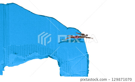 Digital artwork. Swimmer diving from blue abstract platform in competition motion Digital artwork. Swimmer diving from blue abstract platform in competition motion 129871070