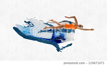 Contemporary collage. Swimmer in orange suit floating above abstract splash wave Contemporary collage. Swimmer in orange suit floating above abstract splash wave 129871071