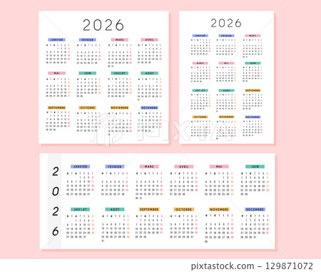 Set of 2026 French calendar in modern square, horizontal and portrait size design with colorful monthly headers. Minimal typography, clean layout. Printable yearly planner template in French language. Set of 2026 French calendar in modern square, horizontal and portrait size design with colorful monthly headers. Minimal typography, clean layout. Printable yearly planner template in French language. 129871072