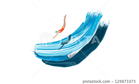 Graphic composition. Diver in orange swimsuit diving along painted water curve Graphic composition. Diver in orange swimsuit diving along painted water curve 129871073
