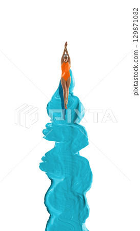 Graphic composition. Female swimmer diving into blue energy wave with focus and determination Graphic composition. Female swimmer diving into blue energy wave with focus and determination 129871082