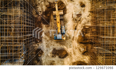 Construction site with crane, excavator, and scaffolding. design for building and development projects top view. Construction site with crane, excavator, and scaffolding. design for building and development projects top view. 129871098