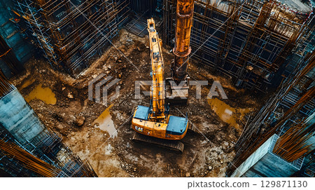 Construction site with crane, excavator, and scaffolding. design for building and development projects top view. Construction site with crane, excavator, and scaffolding. design for building and development projects top view. 129871130