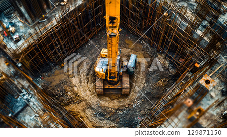 Construction site with crane, excavator, and scaffolding. design for building and development projects top view. 129871150
