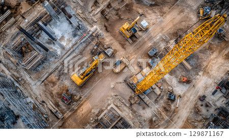 Construction site with crane, excavator, and scaffolding. design for building and development projects top view. 129871167