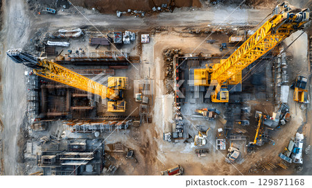 Construction site with crane, excavator, and scaffolding. design for building and development projects top view. 129871168