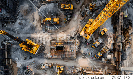 Construction site with crane, excavator, and scaffolding. design for building and development projects top view. 129871170