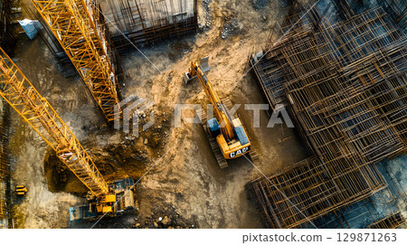 Construction site with crane, excavator, and scaffolding. design for building and development projects top view. Construction site with crane, excavator, and scaffolding. design for building and development projects top view. 129871263
