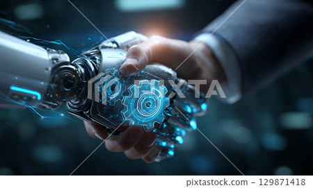 robot arm use gear mechanism as teamwork concept 129871418