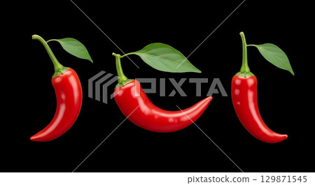 chili pepper with leaf isolated on black background 129871545