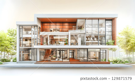 Architectural section cut showing floors, walls, stairs, and structural components. drawing for design and construction. 129871579