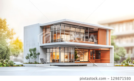 Architectural section cut showing floors, walls, stairs, and structural components. drawing for design and construction. 129871580