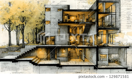 Architectural section cut showing floors, walls, stairs, and structural components. drawing for design and construction. 129871581