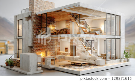 Architectural section cut showing floors, walls, stairs, and structural components. drawing for design and construction. Architectural section cut showing floors, walls, stairs, and structural components. drawing for design and construction. 129871615