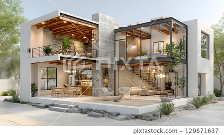 Architectural section cut showing floors, walls, stairs, and structural components. drawing for design and construction. Architectural section cut showing floors, walls, stairs, and structural components. drawing for design and construction. 129871637