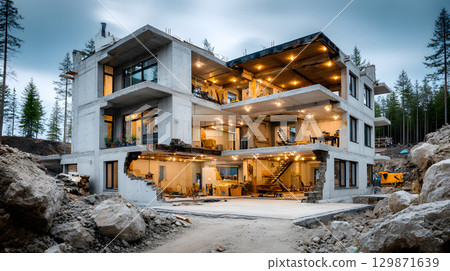 Architectural section cut showing floors, walls, stairs, and structural components. drawing for design and construction. 129871639