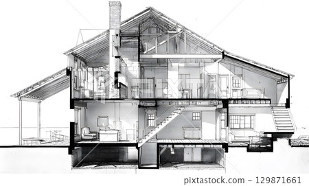 Architectural section cut showing floors, walls, stairs, and structural components. drawing for design and construction. Architectural section cut showing floors, walls, stairs, and structural components. drawing for design and construction. 129871661