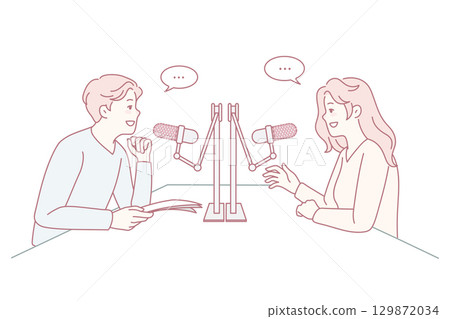 Diverse people talk in microphones at radio Diverse people talk in microphones at radio 129872034