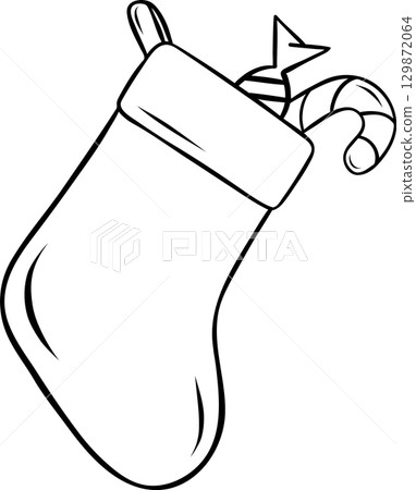 Christmas sock filled with sweets -lollipops and candies, simple vector black and white icon, doodle and sketch style Christmas sock filled with sweets -lollipops and candies, simple vector black and white icon, doodle and sketch style 129872064