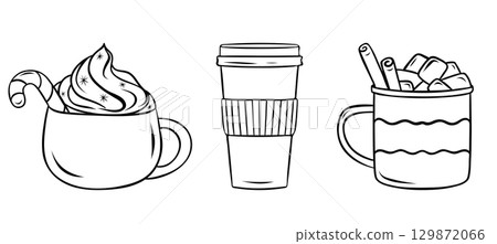Christmas drinks set, cocoa decorated with cinnamon sticks and marshmallows, hot chocolate with whipped cream, warm tea, simple vector black and white icon, doodle and sketch style Christmas drinks set, cocoa decorated with cinnamon sticks and marshmallows, hot chocolate with whipped cream, warm tea, simple vector black and white icon, doodle and sketch style 129872066