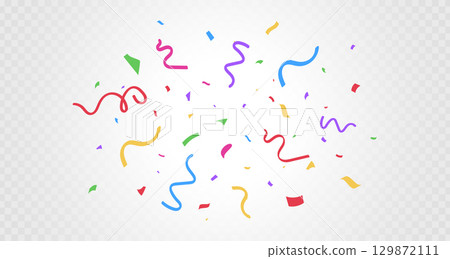 Confetti color falling on transparent background. Bright colorful tinsel. Party backdrop. Holiday design element. Festive firework. Carnival celebration. Birthday serpentine decor.Vector illustration Confetti color falling on transparent background. Bright colorful tinsel. Party backdrop. Holiday design element. Festive firework. Carnival celebration. Birthday serpentine decor.Vector illustration 129872111