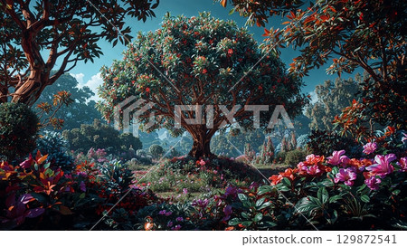 A large tree is surrounded by a field of flowers A large tree is surrounded by a field of flowers 129872541
