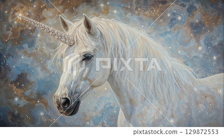 A painting of a white unicorn with a long, pointed horn 129872553