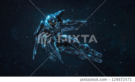 A blue robot is flying through space 129872571