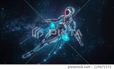 A woman in a blue suit is flying through space 129872572