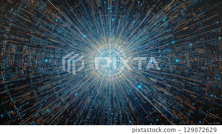 A painting of a star with a blue center and orange and yellow edges 129872629